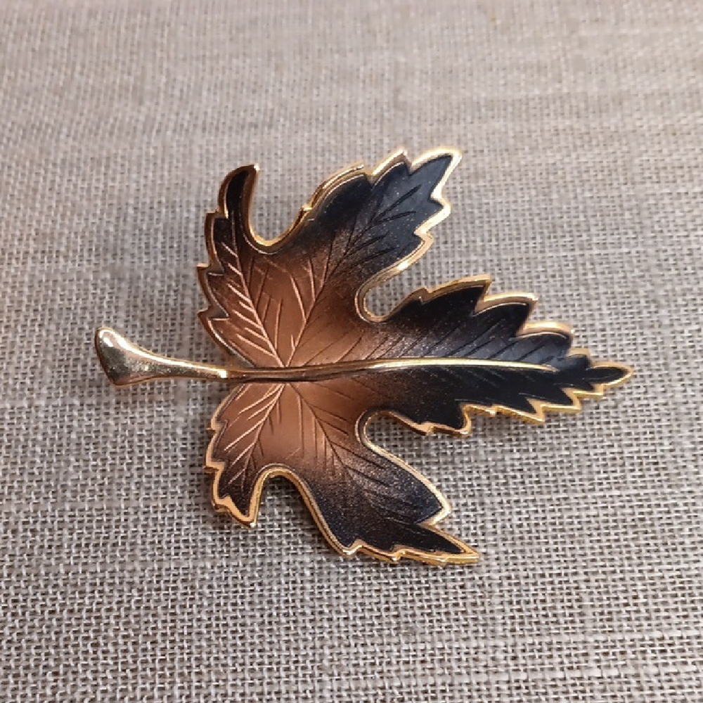 Gold and Black Autumn Leaf Brooch Vintage
